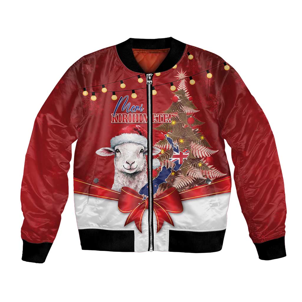 Personalized New Zealand Sheep Christmas Bomber Jacket Hipi Meri Kirihimete Silver Fern Xmas Tree - Polynesian Pride
