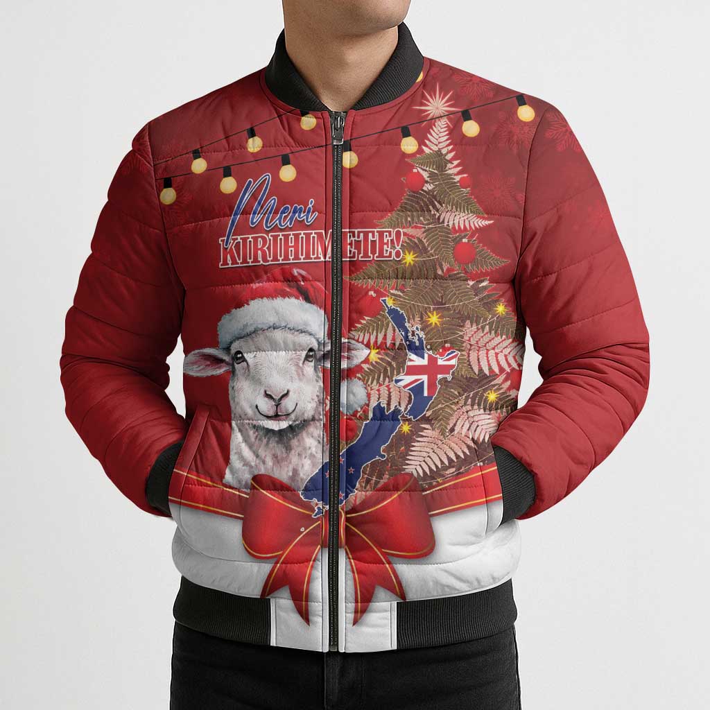 Personalized New Zealand Sheep Christmas Bomber Puffer Jacket Hipi Meri Kirihimete Silver Fern Xmas Tree - Polynesian Pride