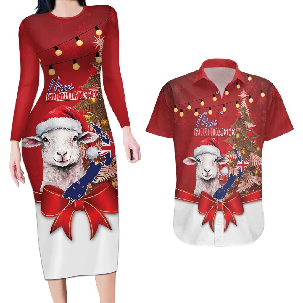 Personalized New Zealand Sheep Christmas Couples Matching Long Sleeve Bodycon Dress and Hawaiian Shirt Hipi Meri Kirihimete Silver Fern Xmas Tree - Polynesian Pride
