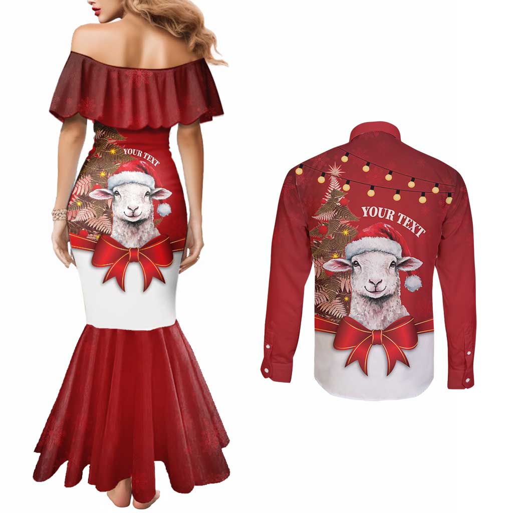 Personalized New Zealand Sheep Christmas Couples Matching Mermaid Dress and Long Sleeve Button Shirt Hipi Meri Kirihimete Silver Fern Xmas Tree - Polynesian Pride