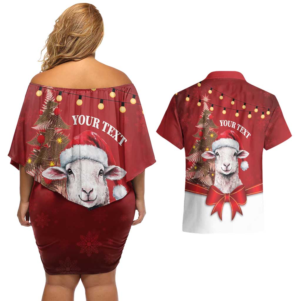 Personalized New Zealand Sheep Christmas Couples Matching Off Shoulder Short Dress and Hawaiian Shirt Hipi Meri Kirihimete Silver Fern Xmas Tree - Polynesian Pride