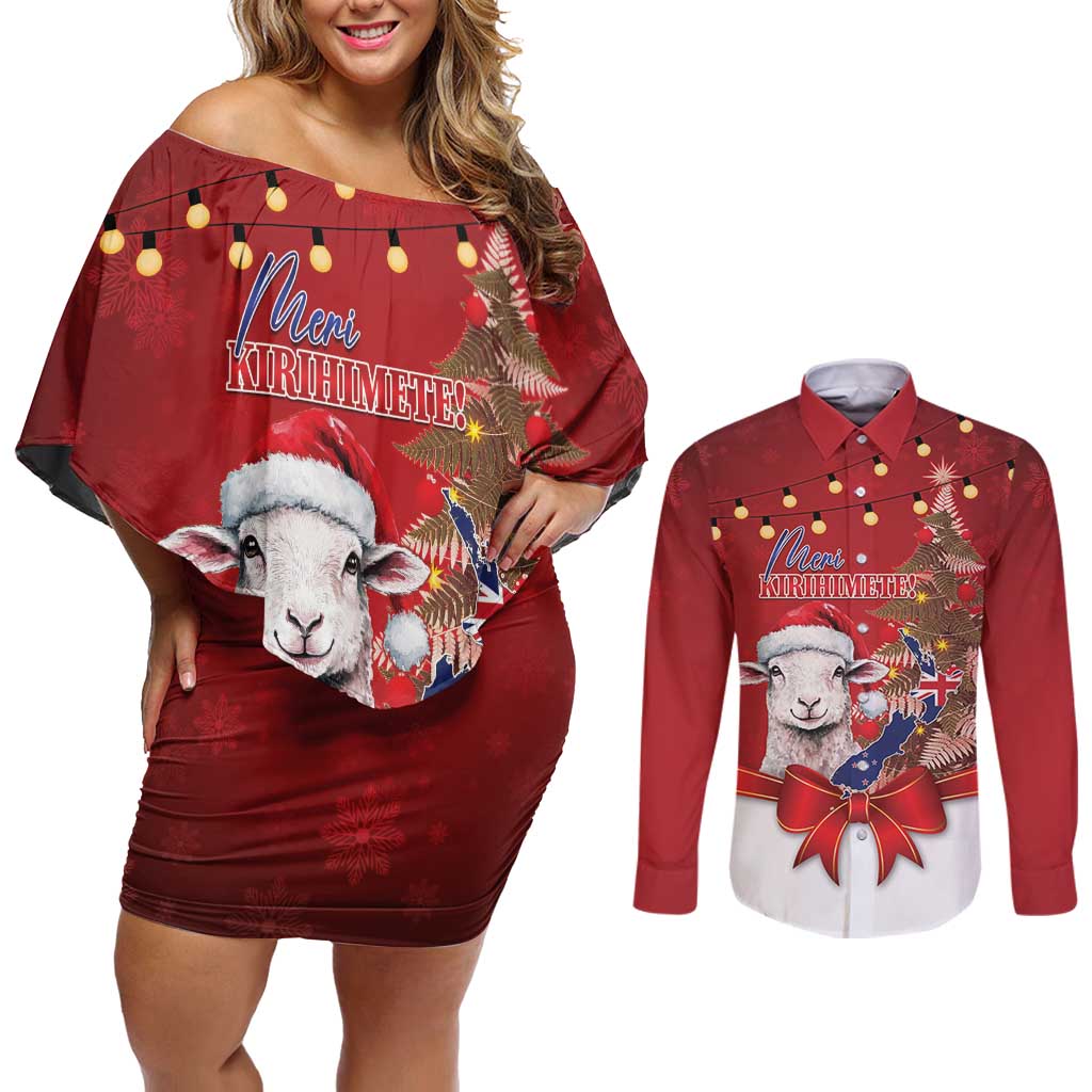 Personalized New Zealand Sheep Christmas Couples Matching Off Shoulder Short Dress and Long Sleeve Button Shirt Hipi Meri Kirihimete Silver Fern Xmas Tree - Polynesian Pride