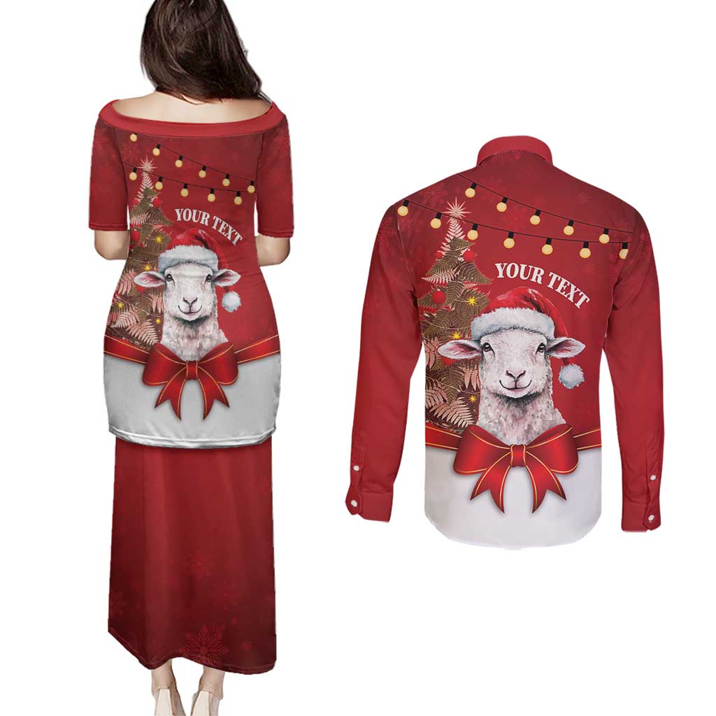 Personalized New Zealand Sheep Christmas Couples Matching Puletasi and Long Sleeve Button Shirt Hipi Meri Kirihimete Silver Fern Xmas Tree - Polynesian Pride