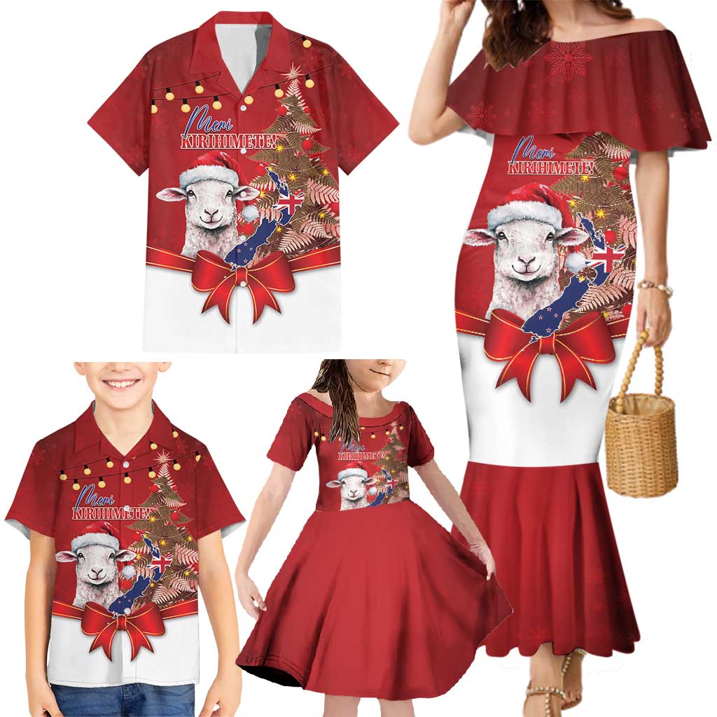 Personalized New Zealand Sheep Christmas Family Matching Mermaid Dress and Hawaiian Shirt Hipi Meri Kirihimete Silver Fern Xmas Tree - Polynesian Pride