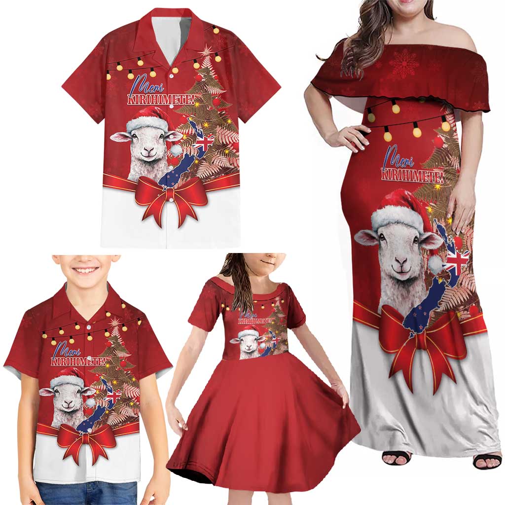 Personalized New Zealand Sheep Christmas Family Matching Off Shoulder Maxi Dress and Hawaiian Shirt Hipi Meri Kirihimete Silver Fern Xmas Tree - Polynesian Pride