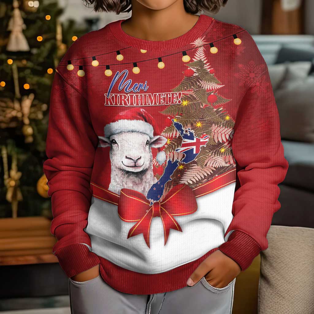 Personalized New Zealand Sheep Christmas Kid Ugly Christmas Sweater Hipi Meri Kirihimete Silver Fern Xmas Tree - Polynesian Pride