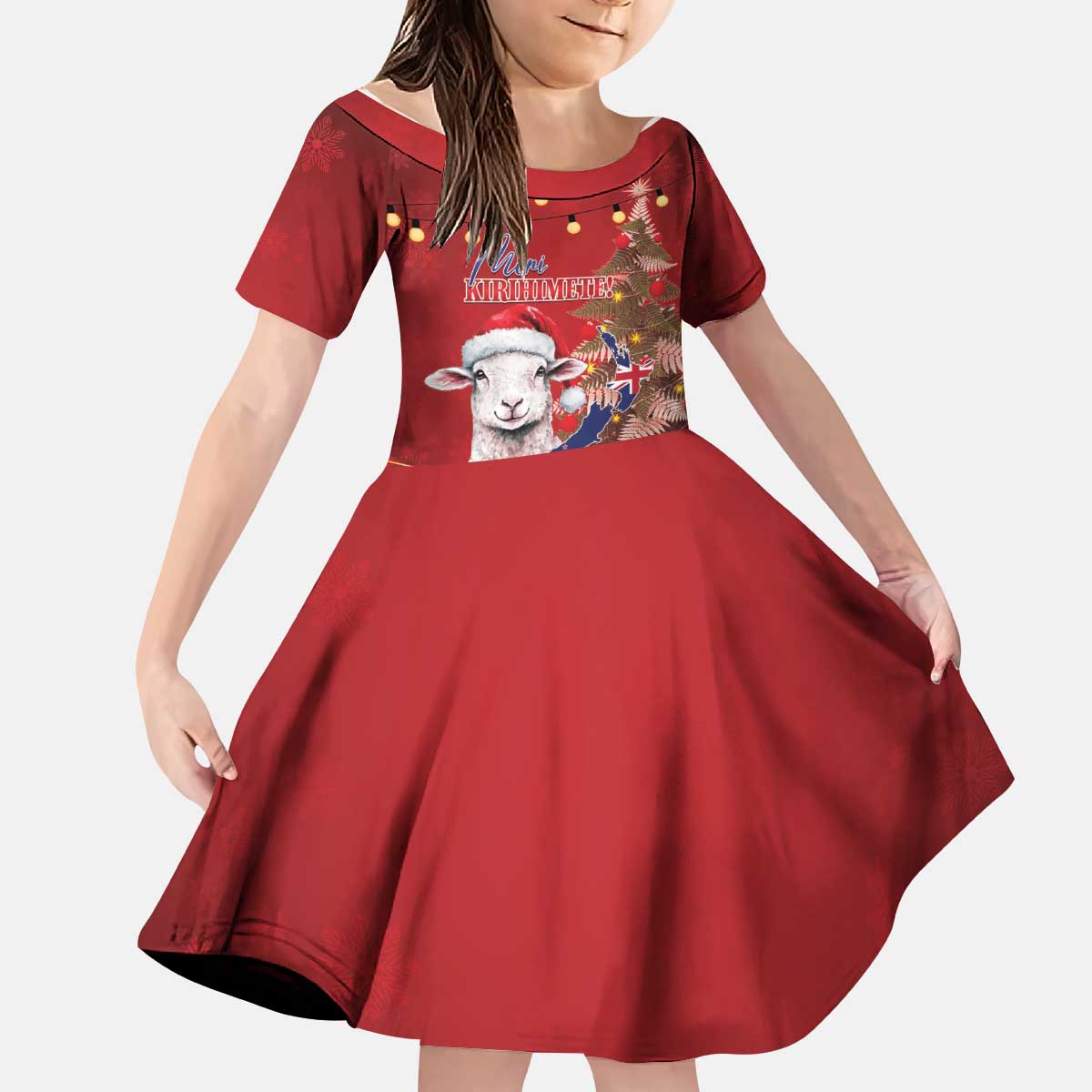 Personalized New Zealand Sheep Christmas Kid Short Sleeve Dress Hipi Meri Kirihimete Silver Fern Xmas Tree - Polynesian Pride