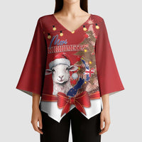 Personalized New Zealand Sheep Christmas Kimono Sleeve Blouse Hipi Meri Kirihimete Silver Fern Xmas Tree - Polynesian Pride