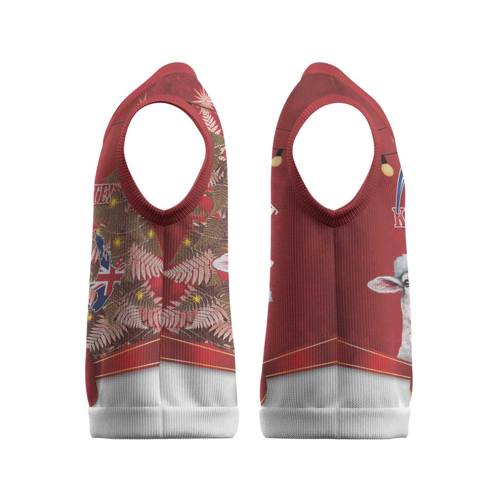 Personalized New Zealand Sheep Christmas Knitted V-Neck Vest Hipi Meri Kirihimete Silver Fern Xmas Tree - Polynesian Pride