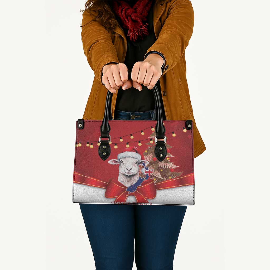 Personalized New Zealand Sheep Christmas Leather Bag Hipi Meri Kirihimete Silver Fern Xmas Tree - Polynesian Pride