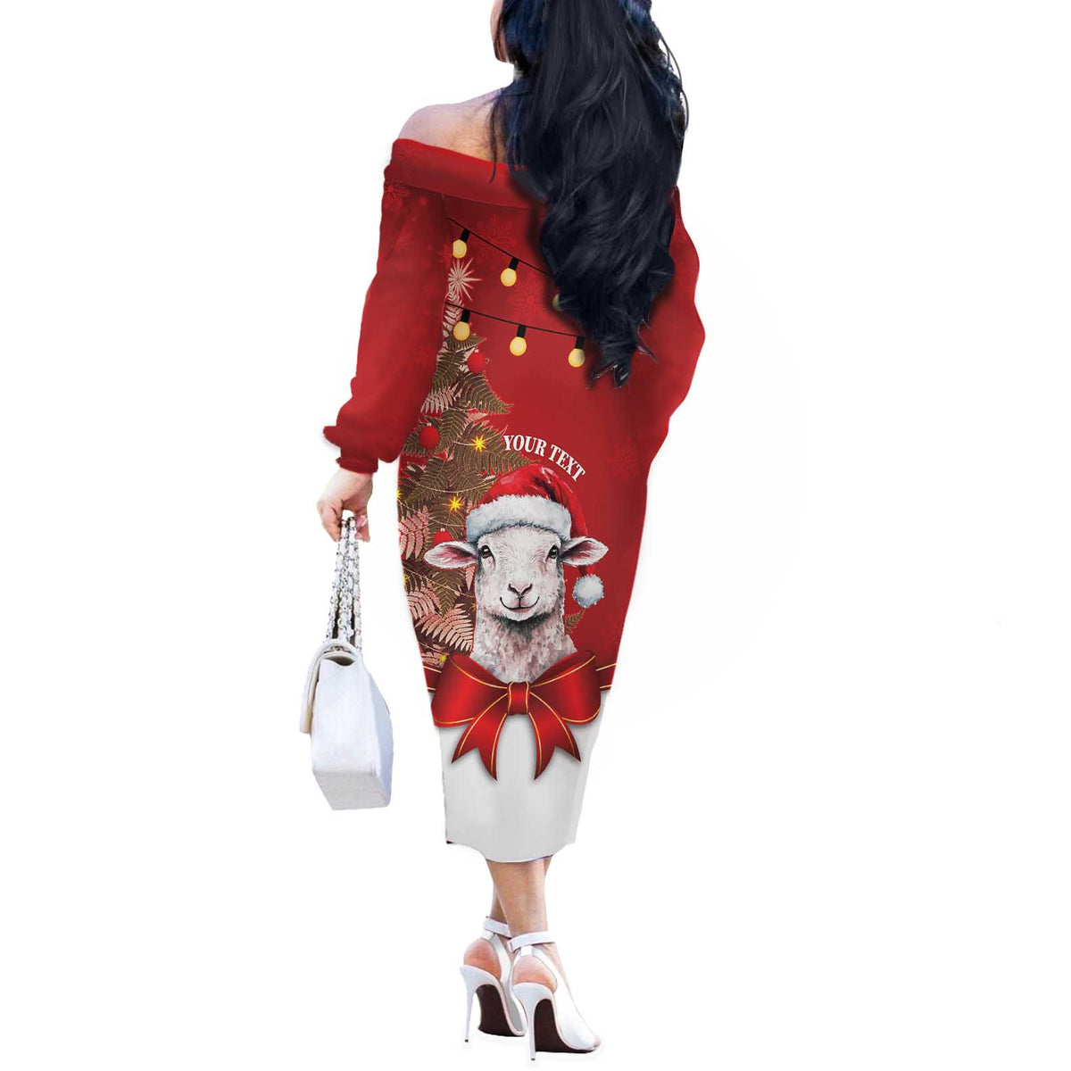 Personalized New Zealand Sheep Christmas Off The Shoulder Long Sleeve Dress Hipi Meri Kirihimete Silver Fern Xmas Tree - Polynesian Pride