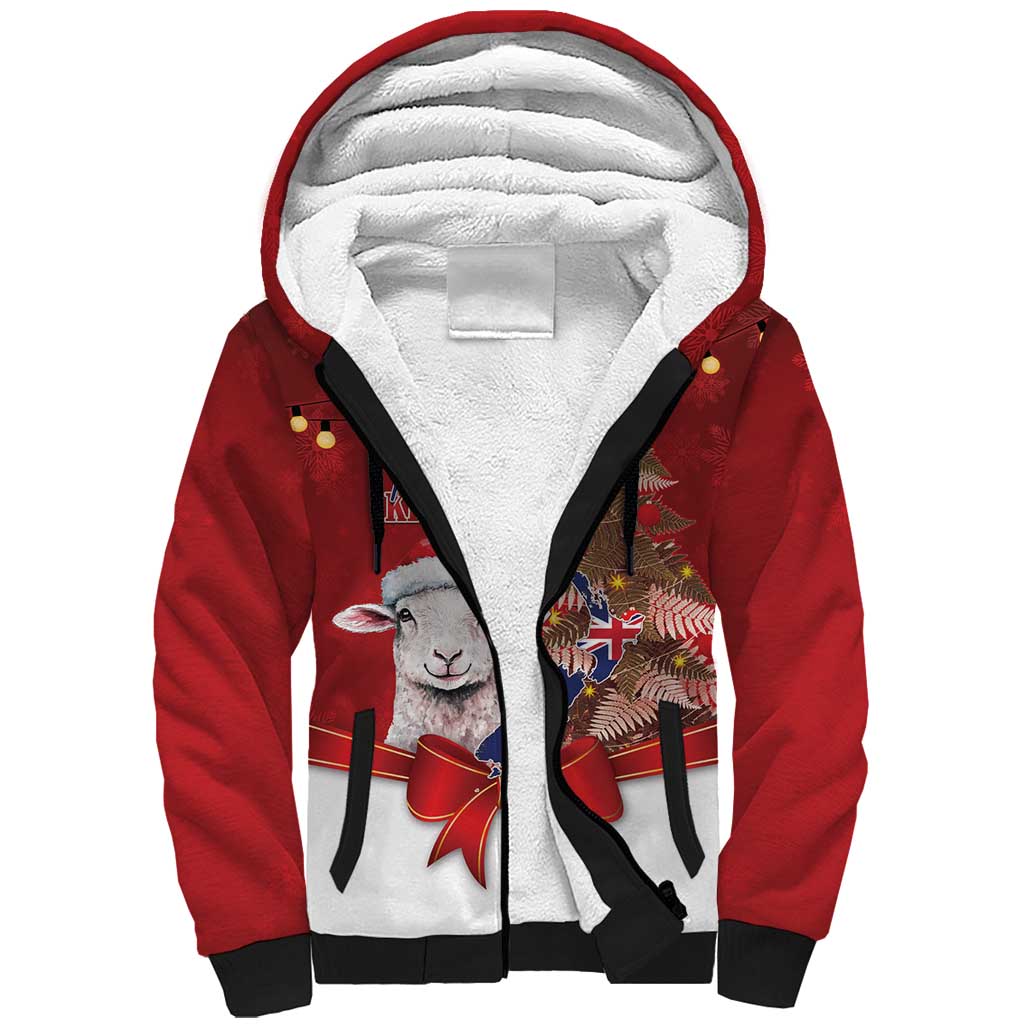 Personalized New Zealand Sheep Christmas Sherpa Hoodie Hipi Meri Kirihimete Silver Fern Xmas Tree - Polynesian Pride