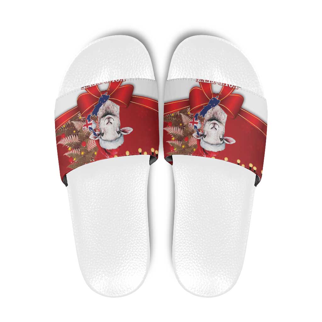 Personalized New Zealand Sheep Christmas Slide Sandals Hipi Meri Kirihimete Silver Fern Xmas Tree - Polynesian Pride