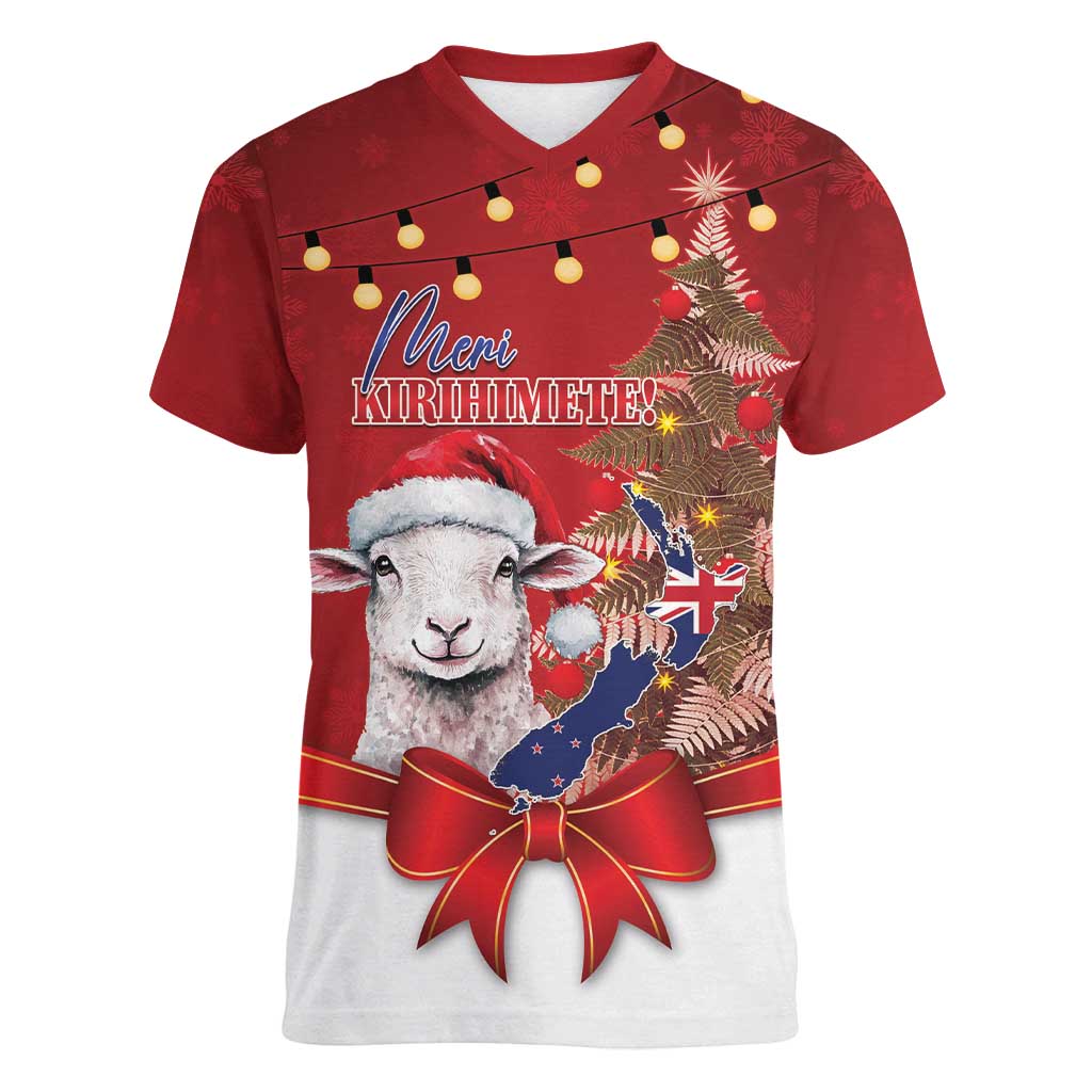 Personalized New Zealand Sheep Christmas Women V-Neck T-Shirt Hipi Meri Kirihimete Silver Fern Xmas Tree - Polynesian Pride