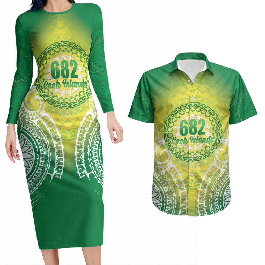 Cook Islands 682 Couples Matching Long Sleeve Bodycon Dress and Hawaiian Shirt Kuki 'Airani Area Code Proud