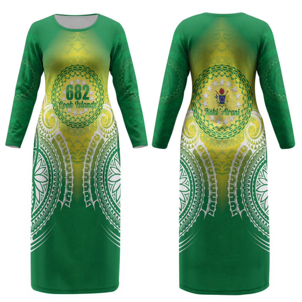 Cook Islands 682 Couples Matching Long Sleeve Bodycon Dress and Hawaiian Shirt Kuki 'Airani Area Code Proud