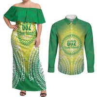 Cook Islands 682 Couples Matching Off Shoulder Maxi Dress and Long Sleeve Button Shirt Kuki 'Airani Area Code Proud LT14 Green - Polynesian Pride