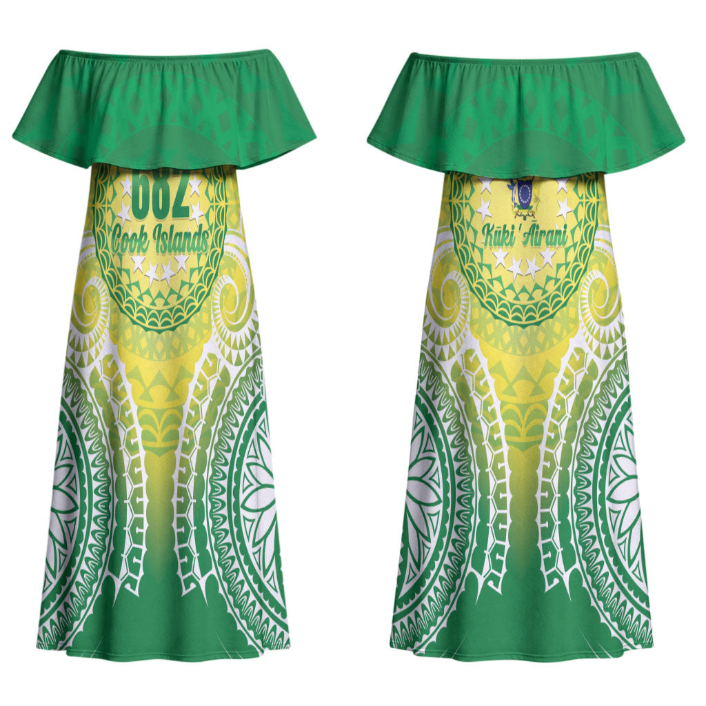 Cook Islands 682 Couples Matching Off Shoulder Maxi Dress and Long Sleeve Button Shirt Kuki 'Airani Area Code Proud LT14 - Polynesian Pride