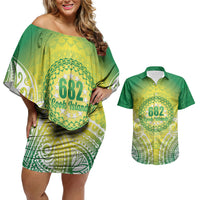 Cook Islands 682 Couples Matching Off Shoulder Short Dress and Hawaiian Shirt Kuki 'Airani Area Code Proud LT14 Green - Polynesian Pride