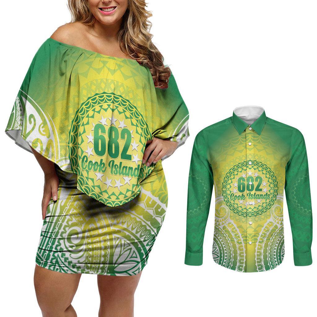 Cook Islands 682 Couples Matching Off Shoulder Short Dress and Long Sleeve Button Shirt Kuki 'Airani Area Code Proud LT14 Green - Polynesian Pride