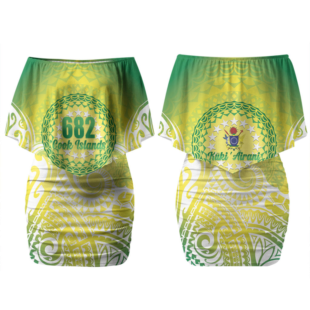 Cook Islands 682 Couples Matching Off Shoulder Short Dress and Long Sleeve Button Shirt Kuki 'Airani Area Code Proud LT14 - Polynesian Pride