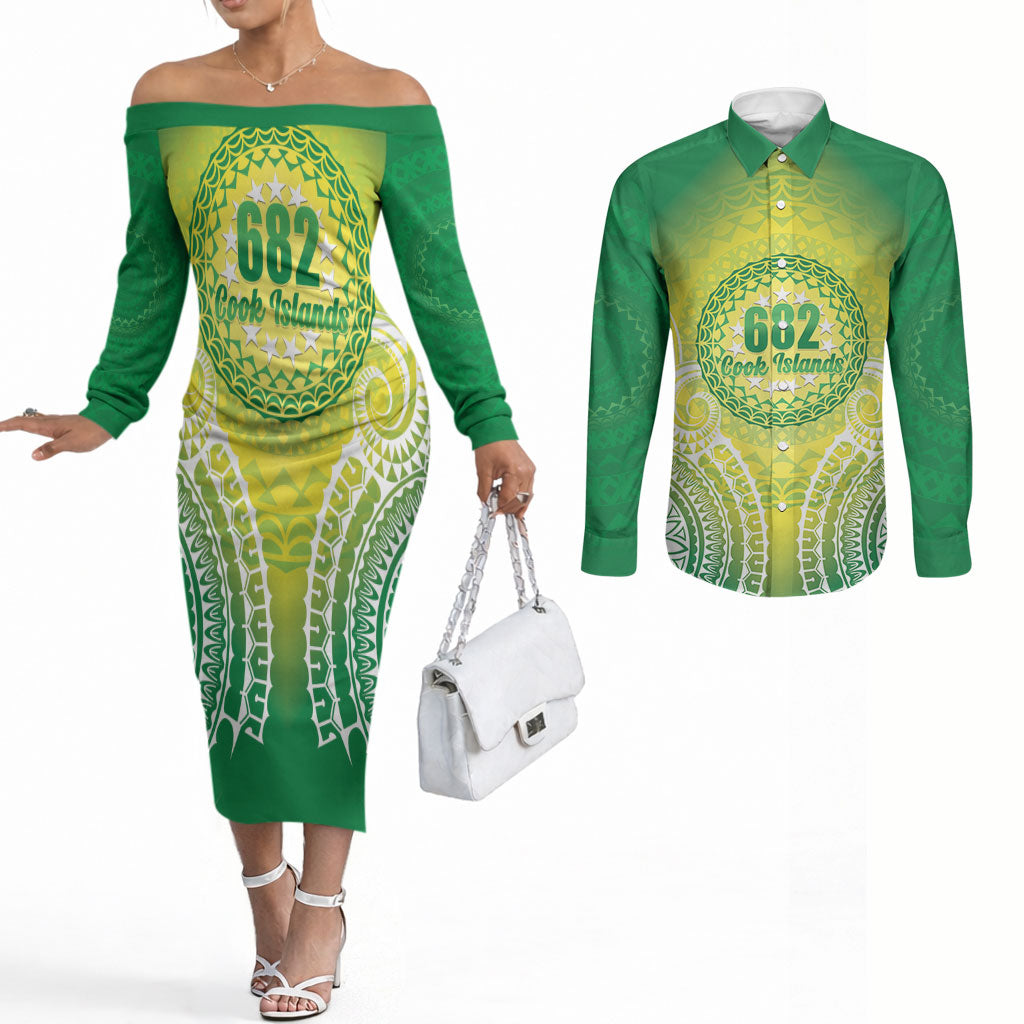 Cook Islands 682 Couples Matching Off The Shoulder Long Sleeve Dress and Long Sleeve Button Shirt Kuki 'Airani Area Code Proud LT14 Green - Polynesian Pride