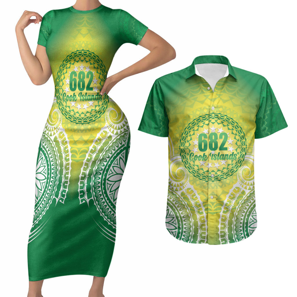 Cook Islands 682 Couples Matching Short Sleeve Bodycon Dress and Hawaiian Shirt Kuki 'Airani Area Code Proud
