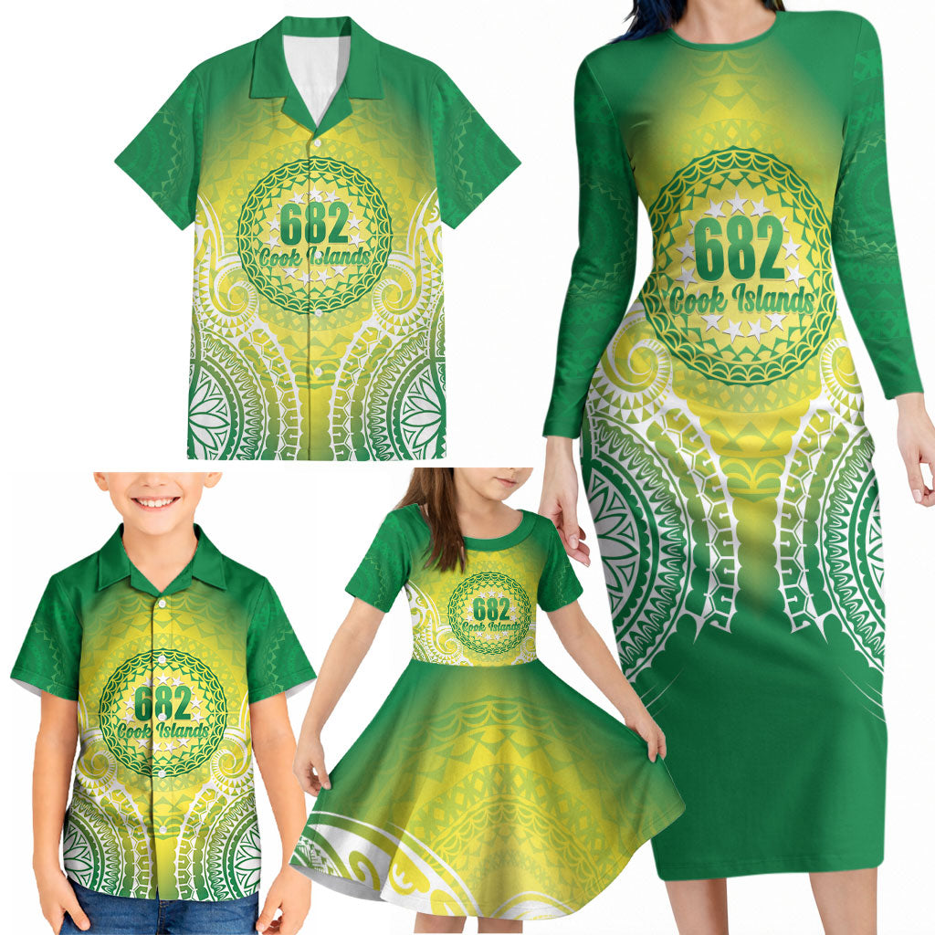 Cook Islands 682 Family Matching Long Sleeve Bodycon Dress and Hawaiian Shirt Kuki 'Airani Area Code Proud