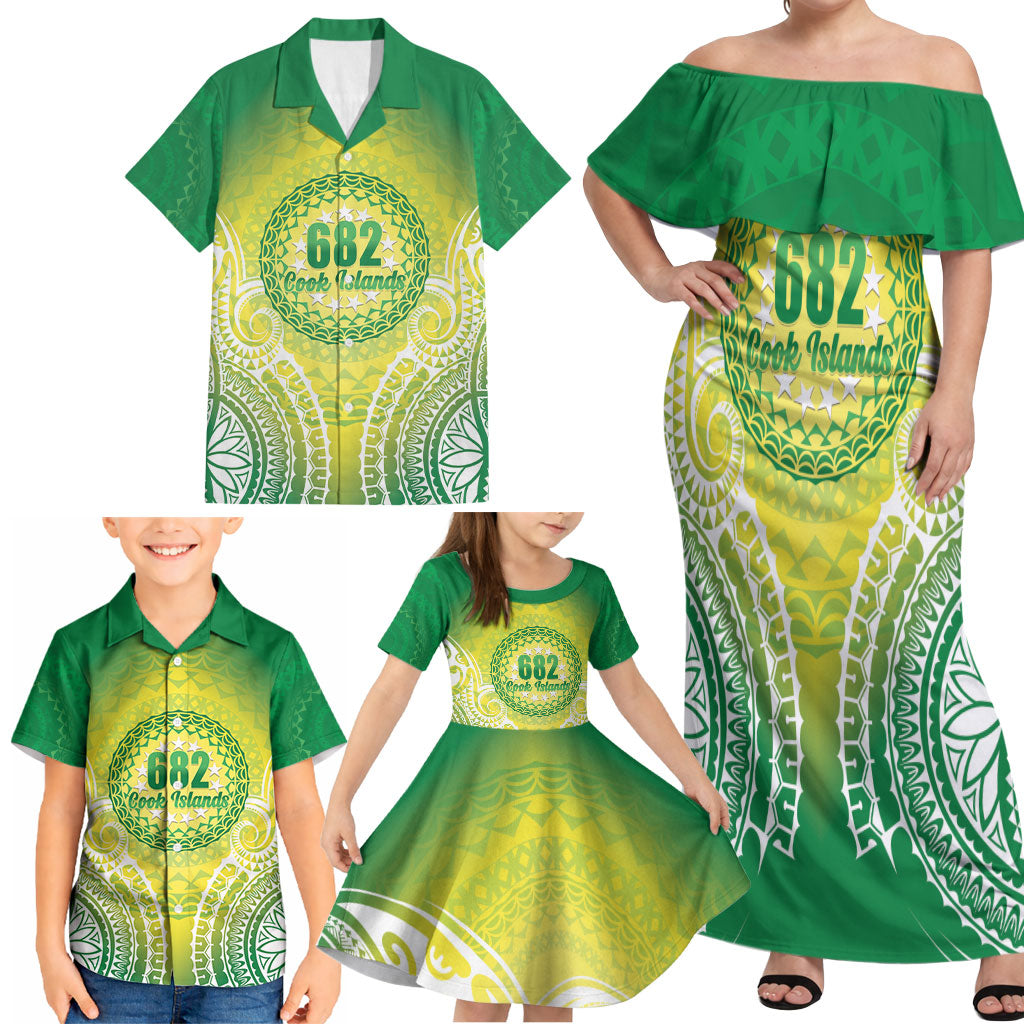 Cook Islands 682 Family Matching Off Shoulder Maxi Dress and Hawaiian Shirt Kuki 'Airani Area Code Proud