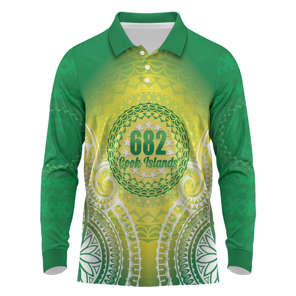 Cook Islands 682 Long Sleeve Polo Shirt Kuki 'Airani Area Code Proud LT14 Green - Polynesian Pride