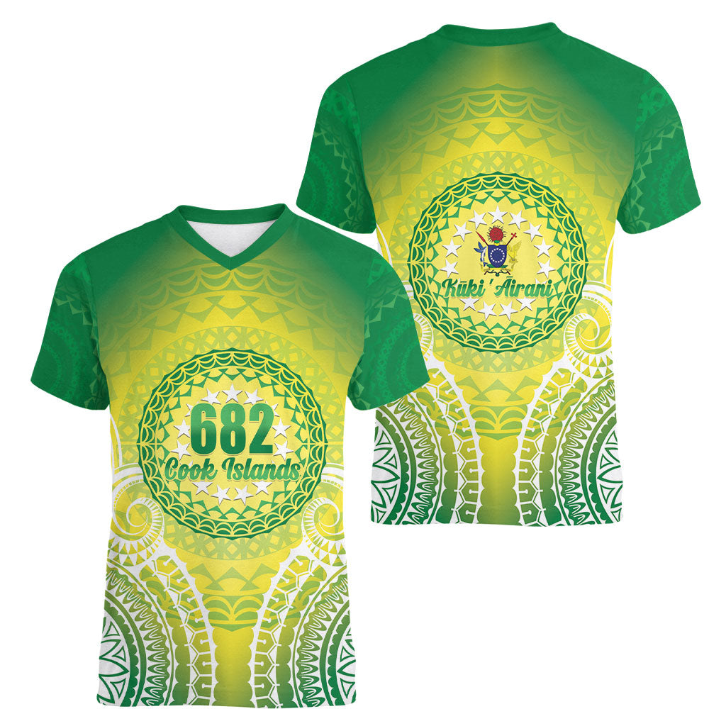 Cook Islands 682 Women V-Neck T-Shirt Kuki 'Airani Area Code Proud