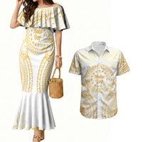 Cook Islands Gospel Day Couples Matching Mermaid Dress and Hawaiian Shirt Happy Nuku Day Tiare Maori Gold LT14 Gold - Polynesian Pride