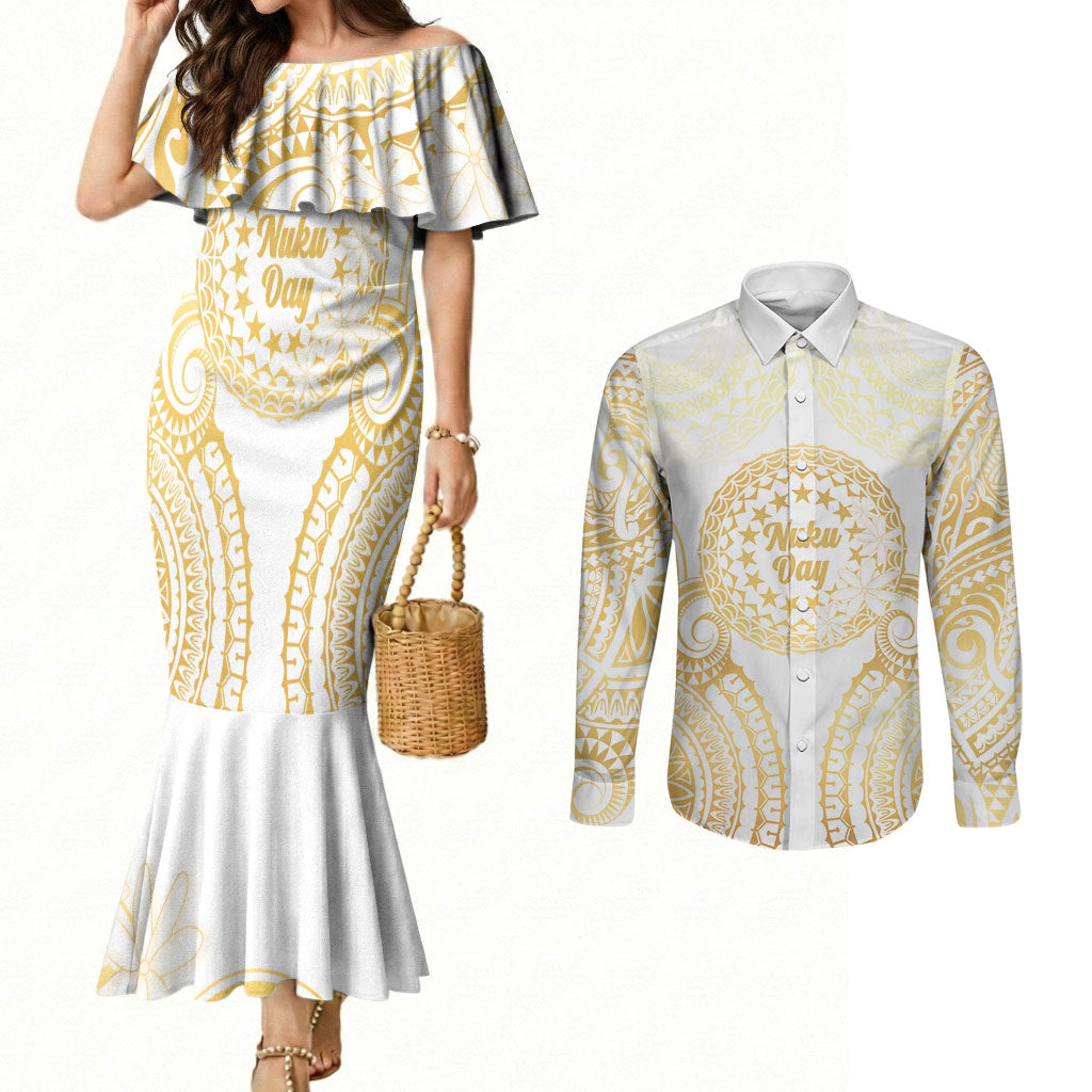 Cook Islands Gospel Day Couples Matching Mermaid Dress and Long Sleeve Button Shirt Happy Nuku Day Tiare Maori Gold