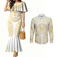 Cook Islands Gospel Day Couples Matching Mermaid Dress and Long Sleeve Button Shirt Happy Nuku Day Tiare Maori Gold