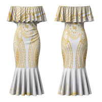 Cook Islands Gospel Day Couples Matching Mermaid Dress and Long Sleeve Button Shirt Happy Nuku Day Tiare Maori Gold