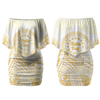 Cook Islands Gospel Day Couples Matching Off Shoulder Short Dress and Long Sleeve Button Shirt Happy Nuku Day Tiare Maori Gold LT14 - Polynesian Pride