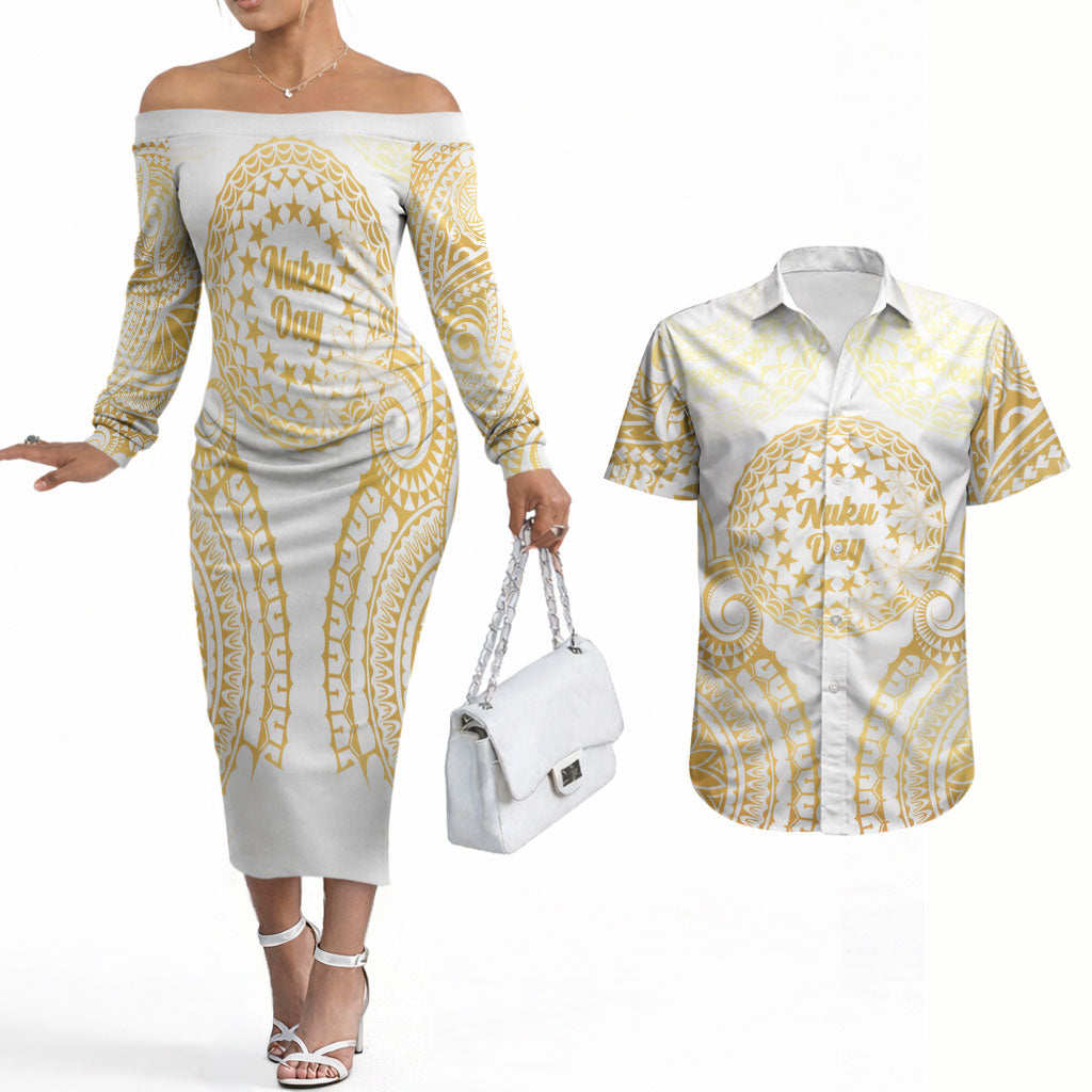 Cook Islands Gospel Day Couples Matching Off The Shoulder Long Sleeve Dress and Hawaiian Shirt Happy Nuku Day Tiare Maori Gold LT14 Gold - Polynesian Pride
