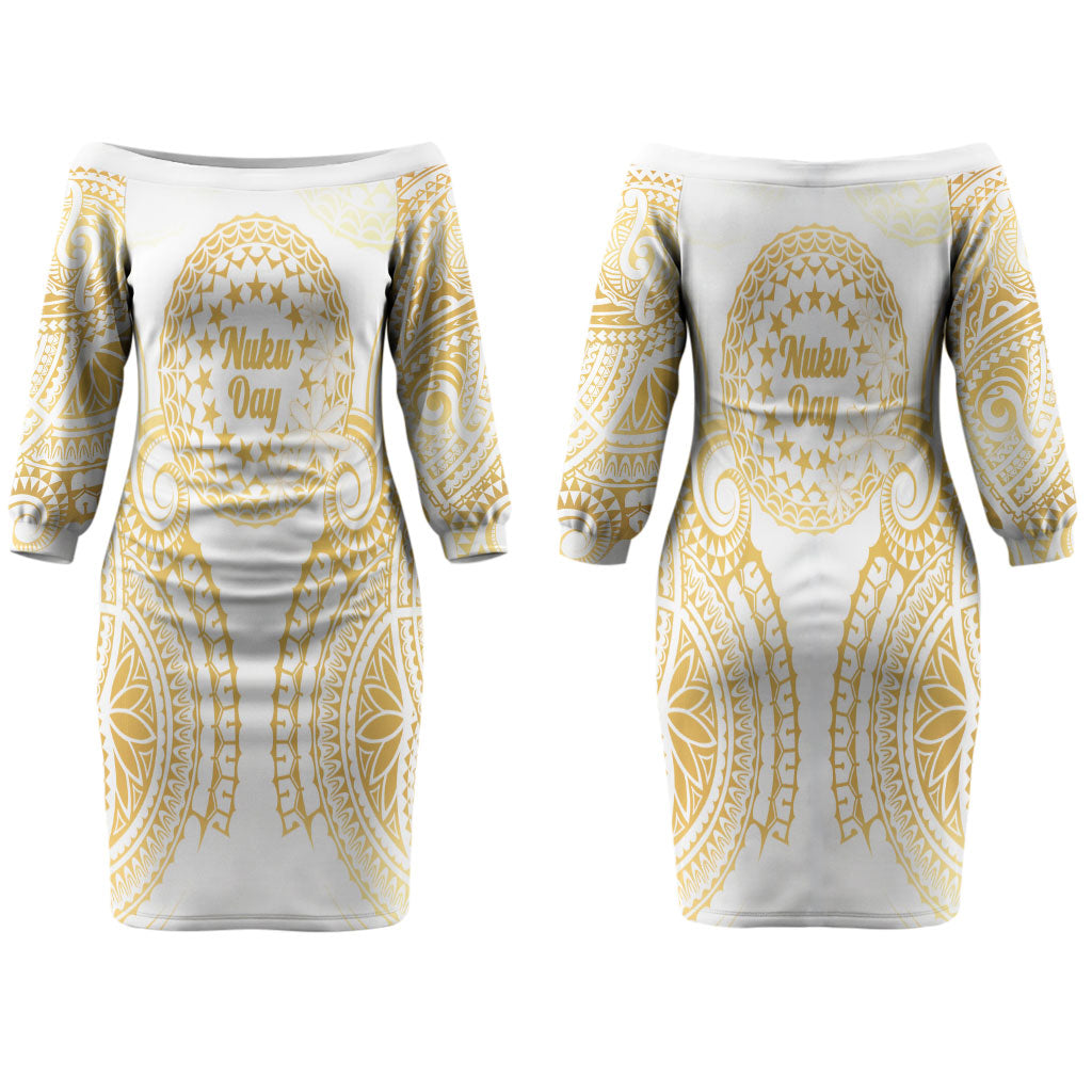 Cook Islands Gospel Day Couples Matching Off The Shoulder Long Sleeve Dress and Hawaiian Shirt Happy Nuku Day Tiare Maori Gold LT14 - Polynesian Pride