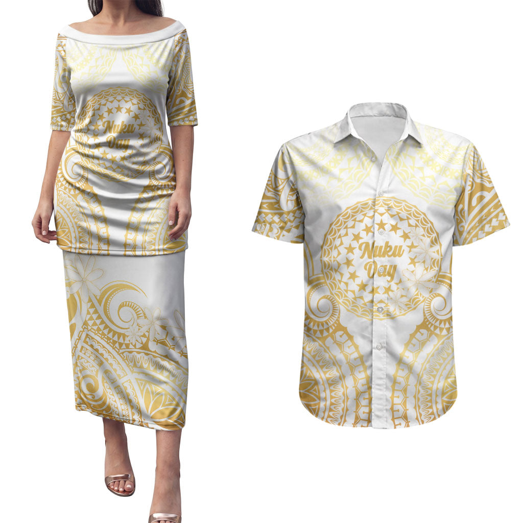 Cook Islands Gospel Day Couples Matching Puletasi and Hawaiian Shirt Happy Nuku Day Tiare Maori Gold LT14 Gold - Polynesian Pride