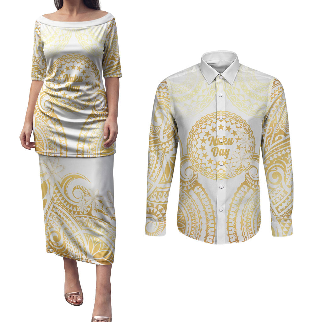 Cook Islands Gospel Day Couples Matching Puletasi and Long Sleeve Button Shirt Happy Nuku Day Tiare Maori Gold LT14 Gold - Polynesian Pride