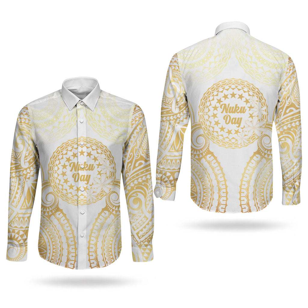 Cook Islands Gospel Day Couples Matching Puletasi and Long Sleeve Button Shirt Happy Nuku Day Tiare Maori Gold LT14 - Polynesian Pride