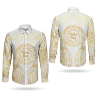 Cook Islands Gospel Day Couples Matching Puletasi and Long Sleeve Button Shirt Happy Nuku Day Tiare Maori Gold LT14 - Polynesian Pride
