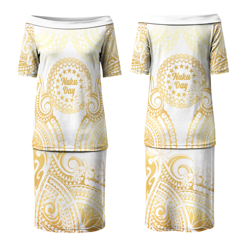 Cook Islands Gospel Day Couples Matching Puletasi and Long Sleeve Button Shirt Happy Nuku Day Tiare Maori Gold LT14 - Polynesian Pride