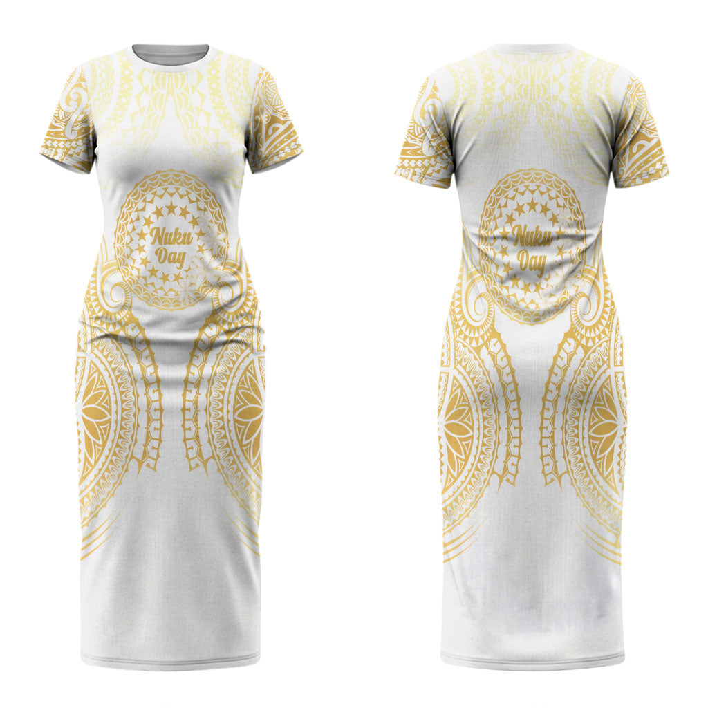 Cook Islands Gospel Day Couples Matching Short Sleeve Bodycon Dress and Hawaiian Shirt Happy Nuku Day Tiare Maori Gold LT14 - Polynesian Pride