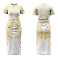 Cook Islands Gospel Day Couples Matching Short Sleeve Bodycon Dress and Hawaiian Shirt Happy Nuku Day Tiare Maori Gold LT14 - Polynesian Pride