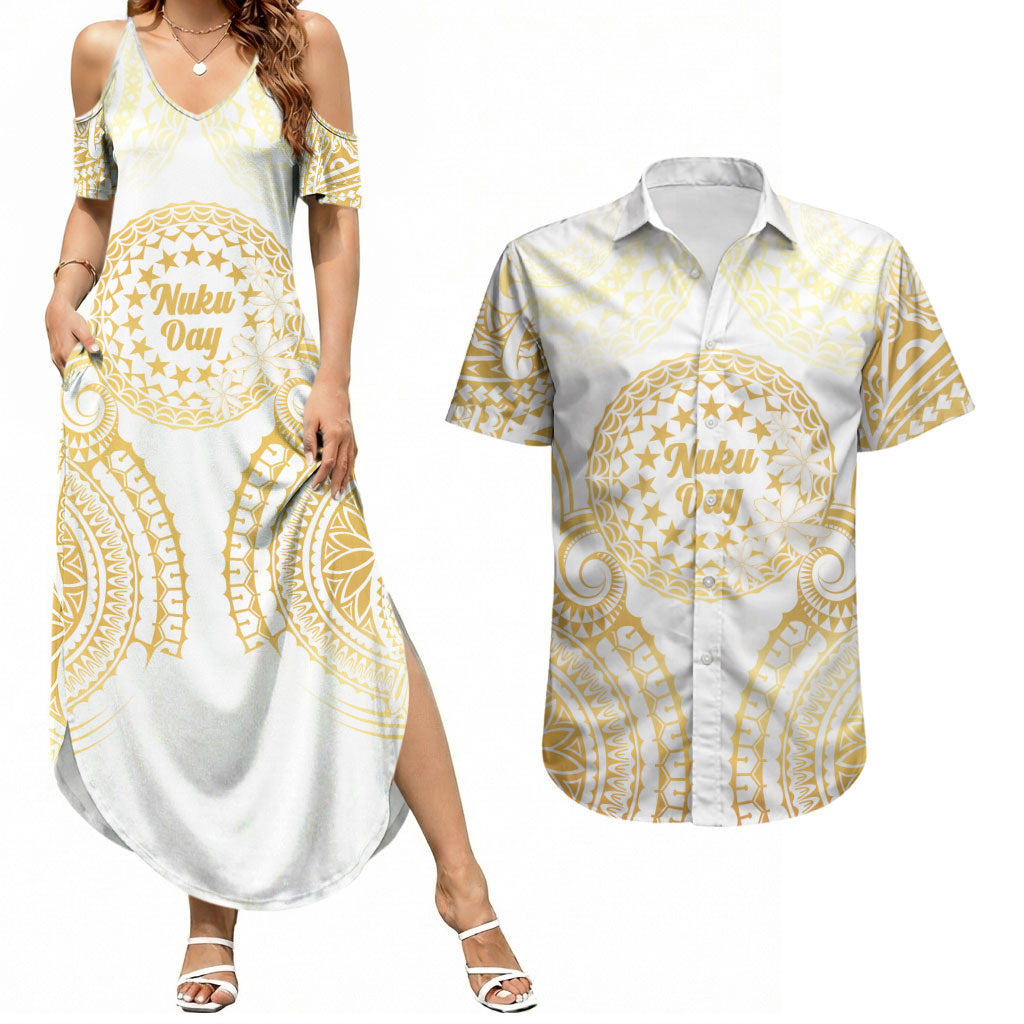 Cook Islands Gospel Day Couples Matching Summer Maxi Dress and Hawaiian Shirt Happy Nuku Day Tiare Maori Gold LT14 Gold - Polynesian Pride