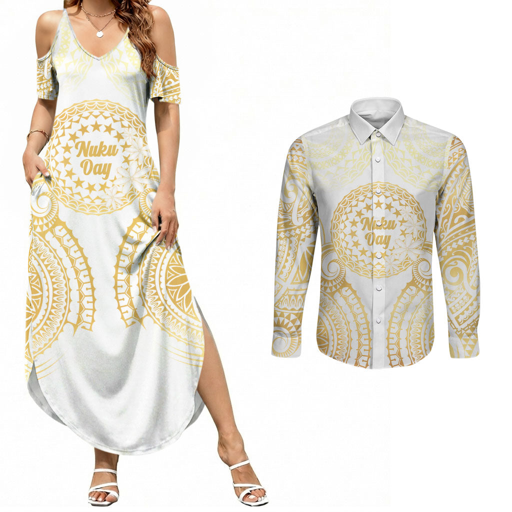 Cook Islands Gospel Day Couples Matching Summer Maxi Dress and Long Sleeve Button Shirt Happy Nuku Day Tiare Maori Gold LT14 Gold - Polynesian Pride