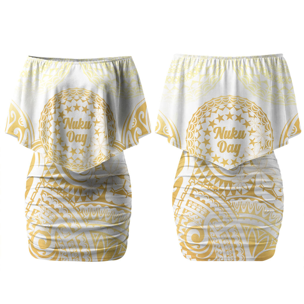 Cook Islands Gospel Day Family Matching Off Shoulder Short Dress and Hawaiian Shirt Happy Nuku Day Tiare Maori Gold