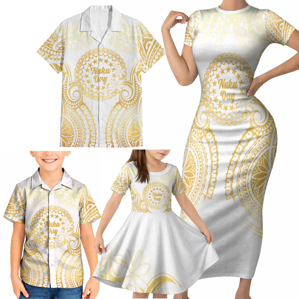 Cook Islands Gospel Day Family Matching Short Sleeve Bodycon Dress and Hawaiian Shirt Happy Nuku Day Tiare Maori Gold