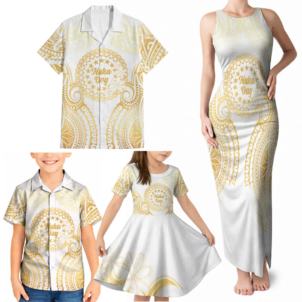 Cook Islands Gospel Day Family Matching Tank Maxi Dress and Hawaiian Shirt Happy Nuku Day Tiare Maori Gold